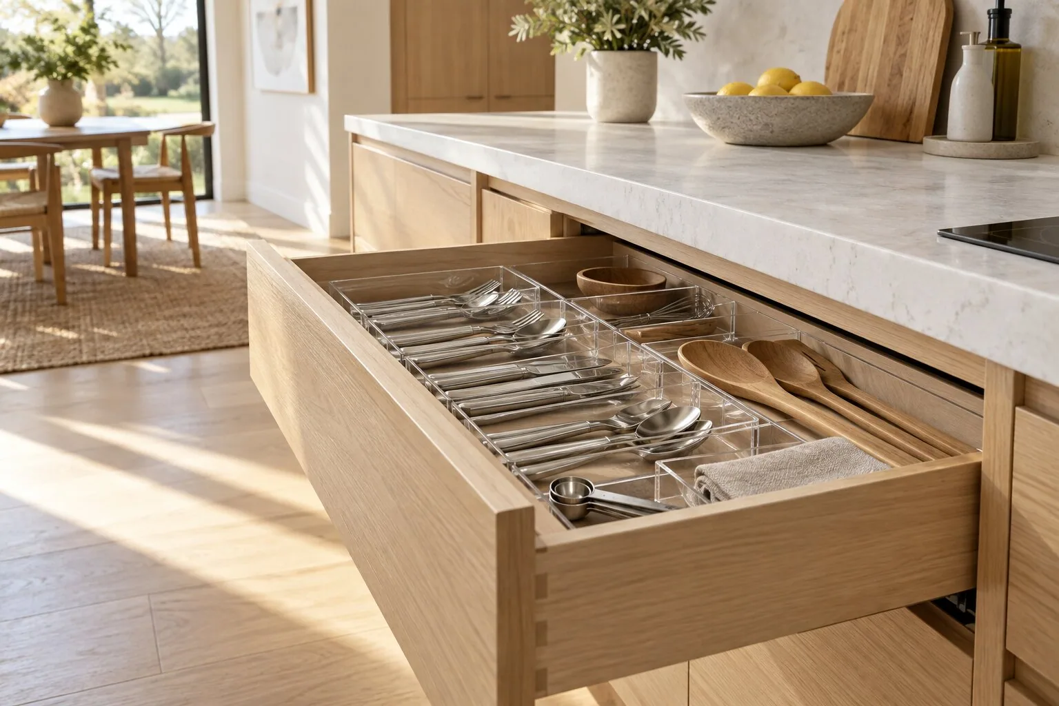 A sunlit oak kitchen with an open, neatly organized drawer